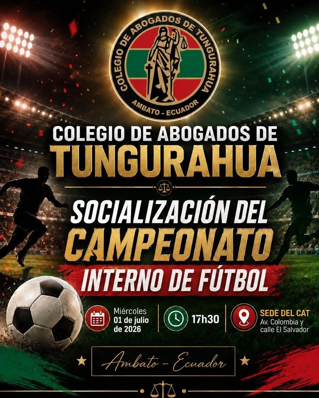 Flyer "Socialización del Campeonato Interno de Fútbol", miércoles 1 de julio de 2026, 17h30, sede del C.A.T.